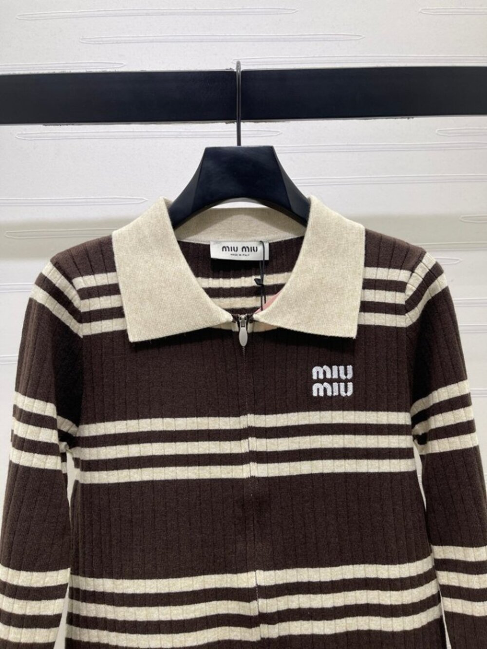 Miu Miu Brown Off‑White Stripe Zip‑Up Collared Knit Sweater - Picture 2 of 8